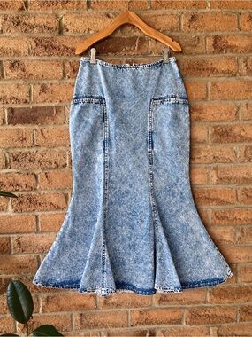 Vintage Acid Wash Denim Mermaid Skirt Studded Trumpet Maxi Y2K 80s 90s